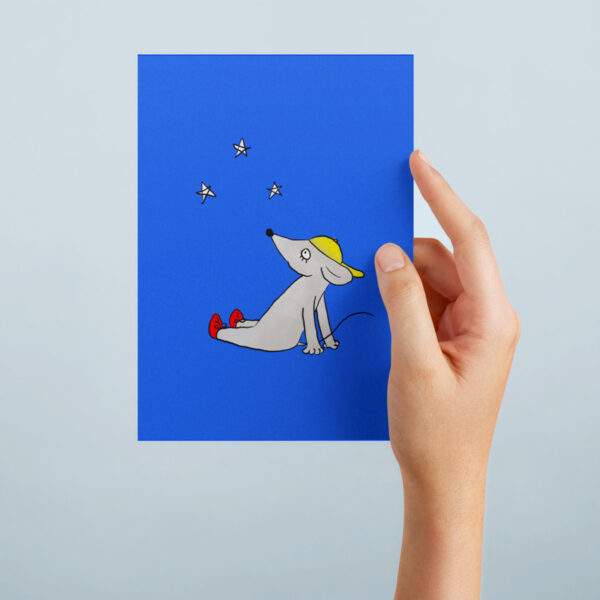 Sininen postikortti, jossa on piirretty hiiri